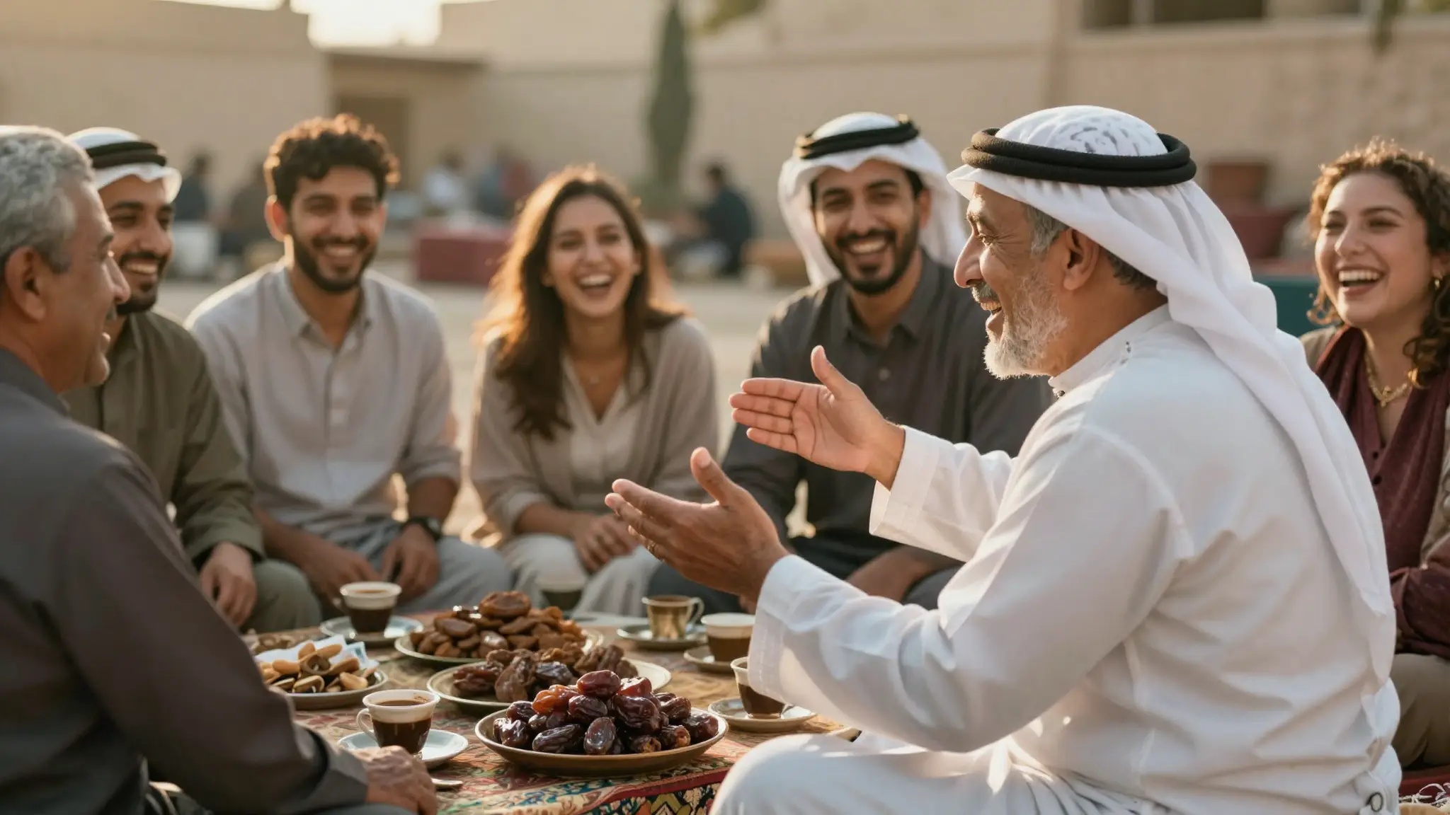 مجلسٌ عربيٌّ دافئ تُروى فيه الطرائف والنوادر بين الأصدقاء حول القهوة العربية